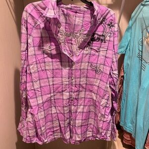 Purple Plaid Button-Up Shirt with Embroidery